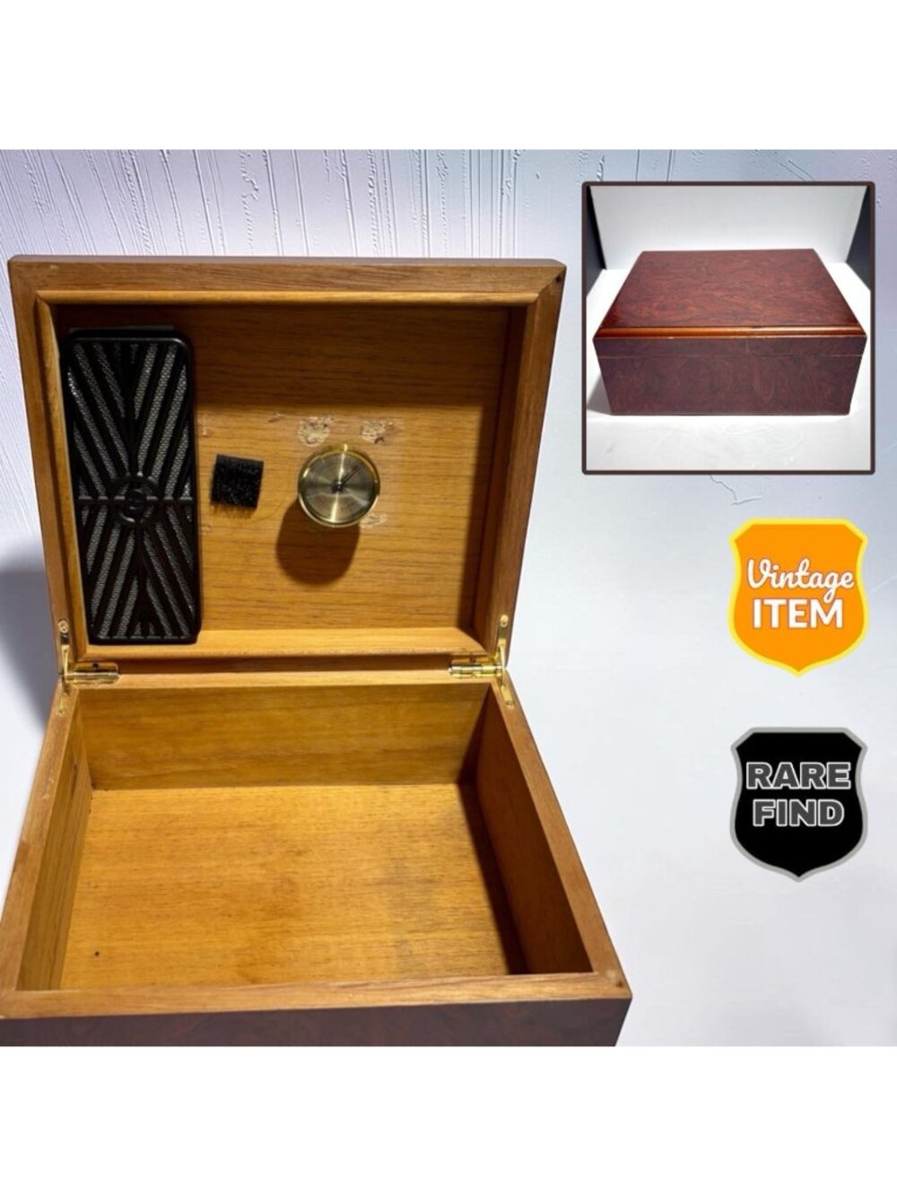 Vintage Cigar Wood Humidor with Hygrometer.